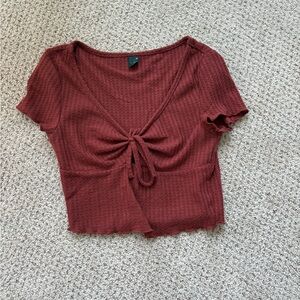 SHEIN Burgundy Ribbed Tie-Front Crop Top